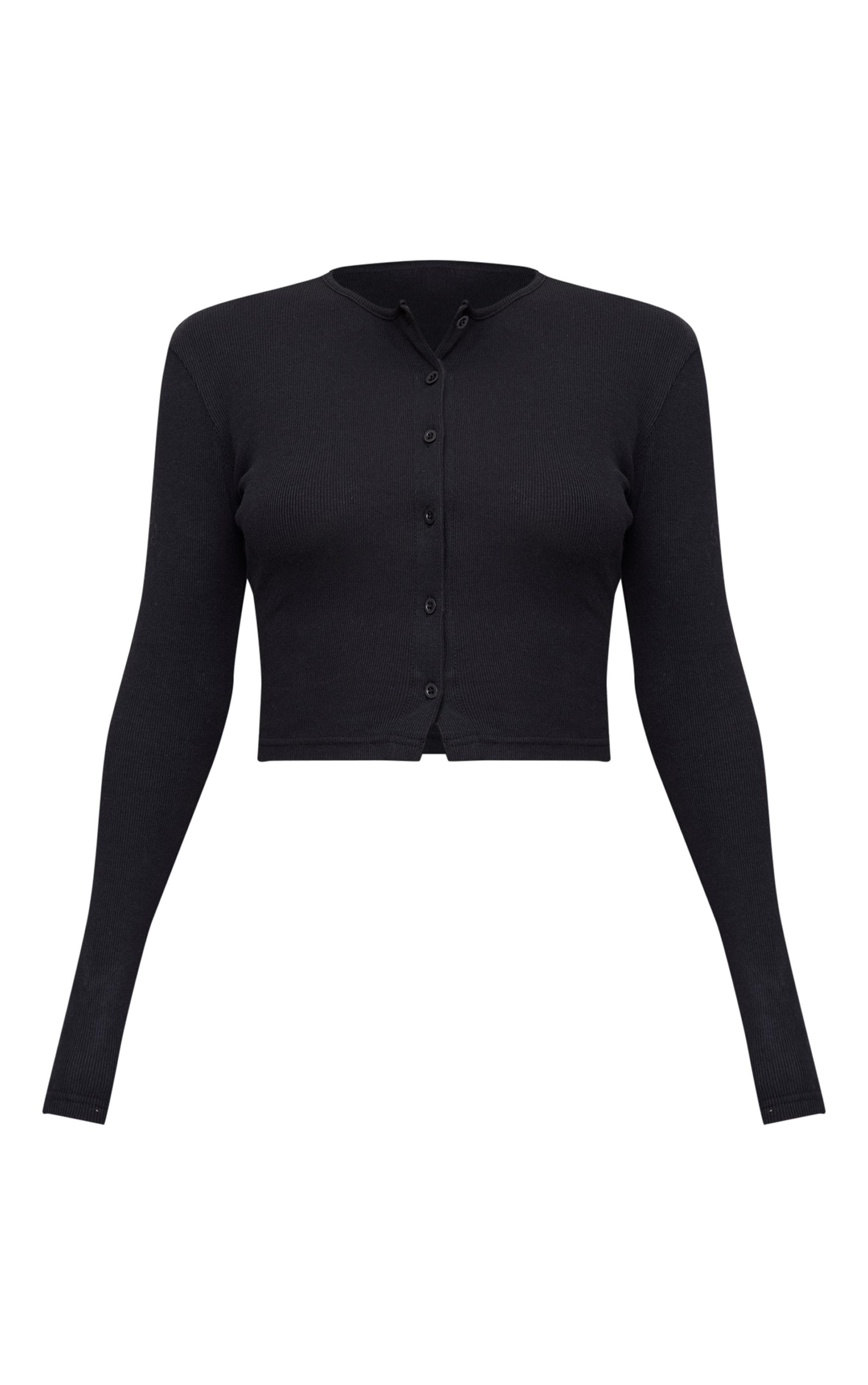 Black Ribbed Aysmmetric Button Down Fitted Long Sleeve Top Product Image