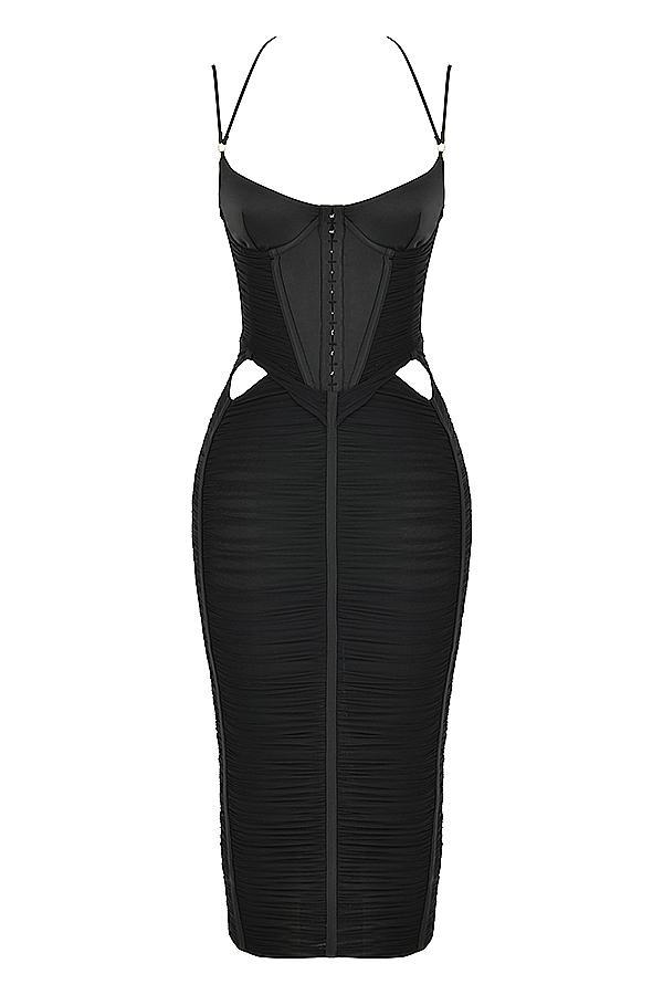 Maya Black Ruched Midi Dress Product Image