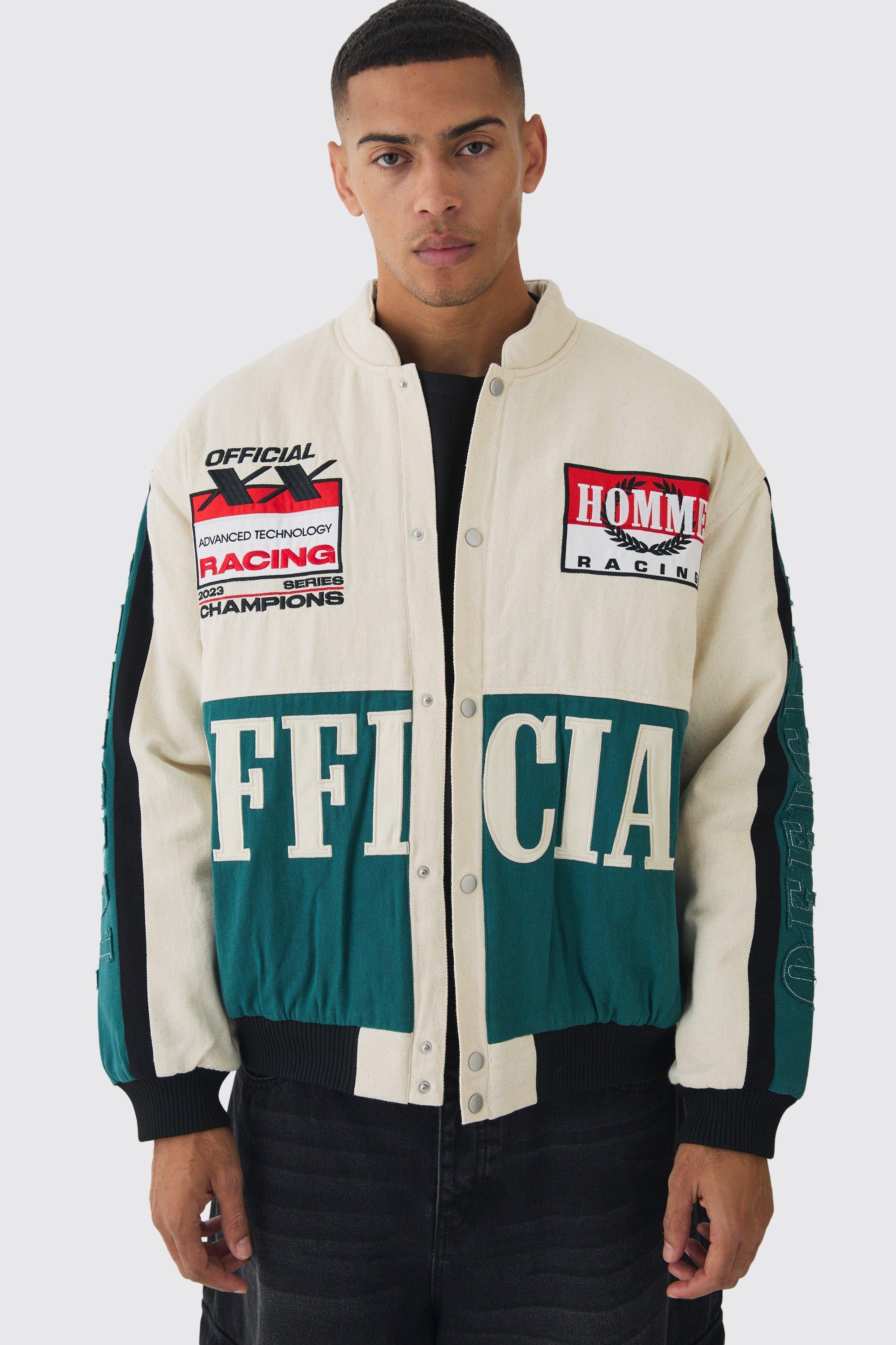 Oversized Official Twill Padded Moto Jacket In Ecru | boohooMAN USA Product Image