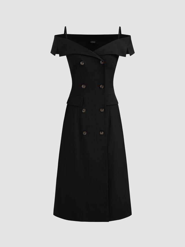 Off-shoulder Solid Button Blazer Midi Dress Product Image