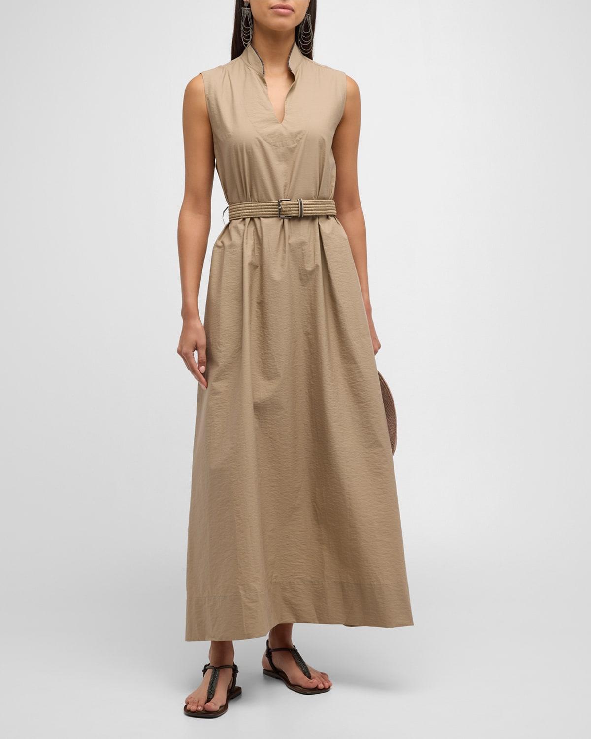 Monili-Collar Raffia-Belt Sleeveless Crinkle Cotton Maxi Dress Product Image