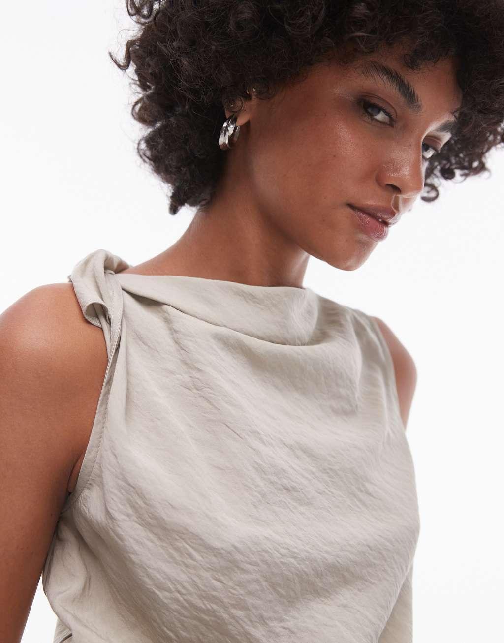 Topshop knot side sleeveless top in khaki Product Image