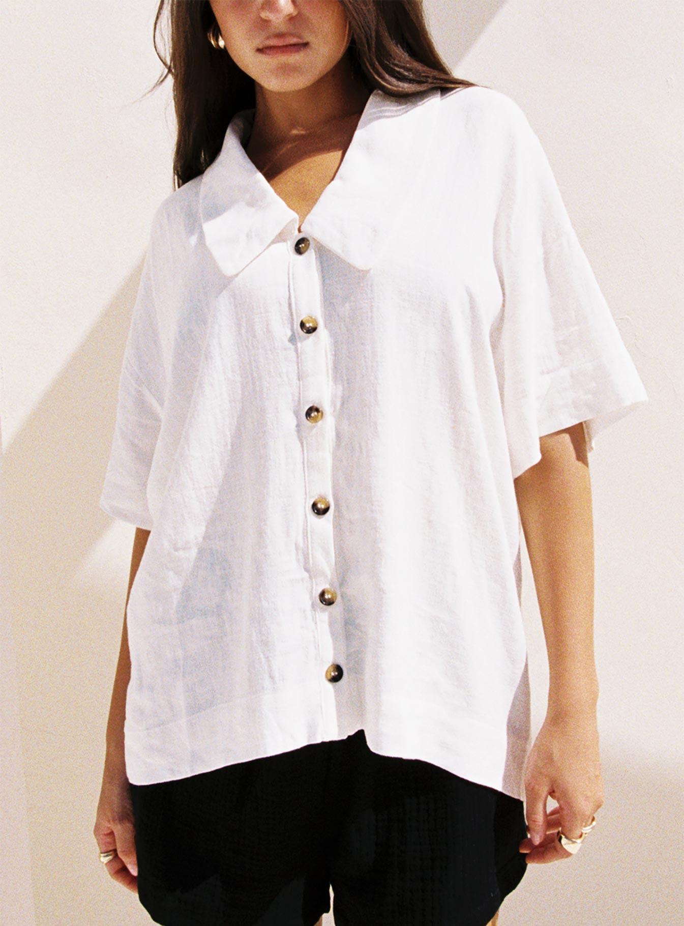 Goody Linen Button Front Top White Product Image