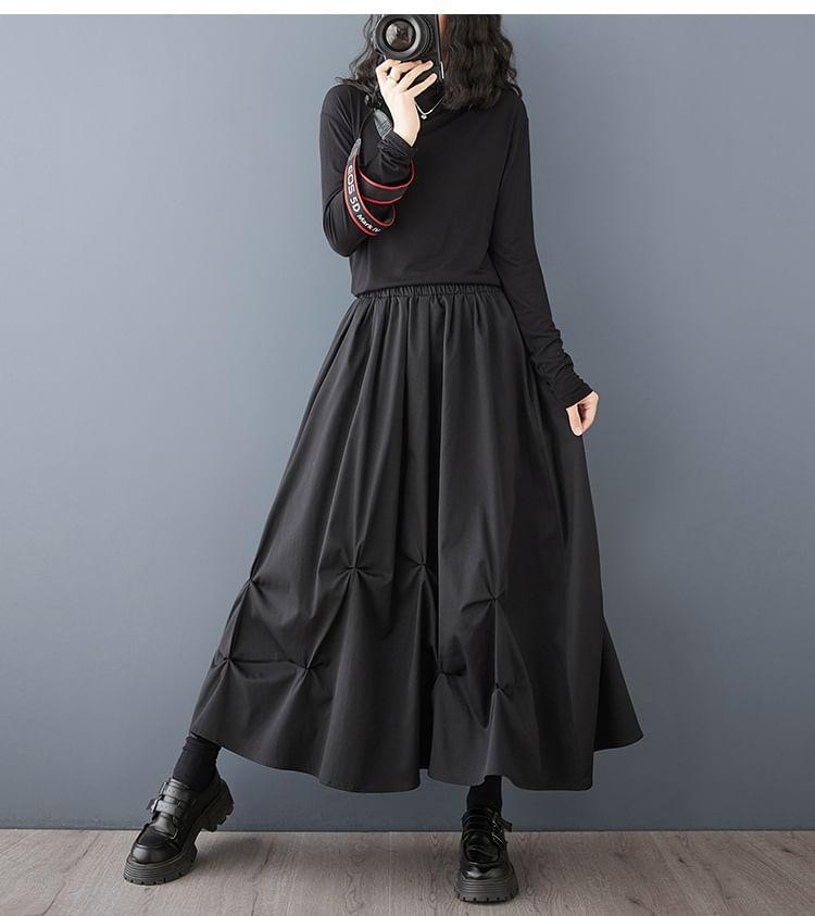 Elastic Waist Plain Ruched Maxi A-Line Skirt Product Image