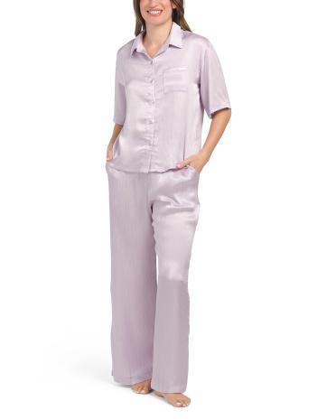 Textured Stripe Satin Top And Pants Pajama Set for Women Product Image