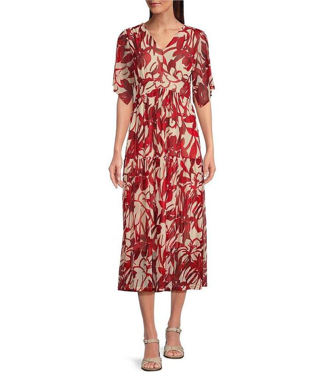 Calessa Stretch Mesh Floral Print V-Neck Short Flutter Sleeve Tiered Hem Midi Dress Product Image