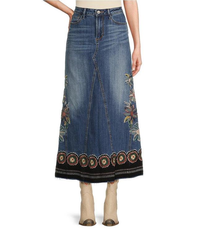 Driftwood Medium Wash Denim Floral Embroidery High Rise A-Line Maxi Skirt Product Image