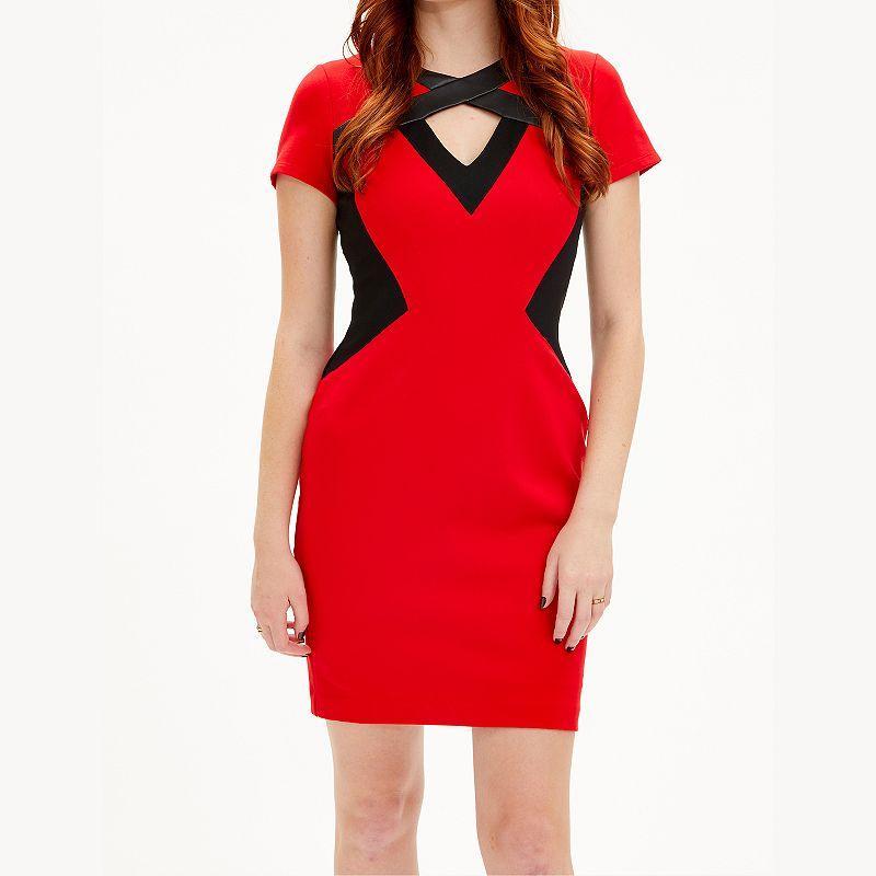 Womens Focus By Shani Faux Leather Trim Ponte Dress Product Image