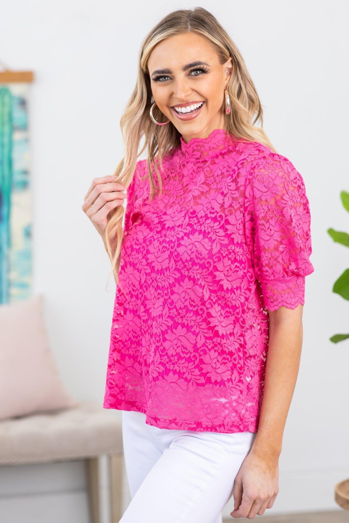 Hot Pink Lace Mock Neck Puff Sleeve Top product image