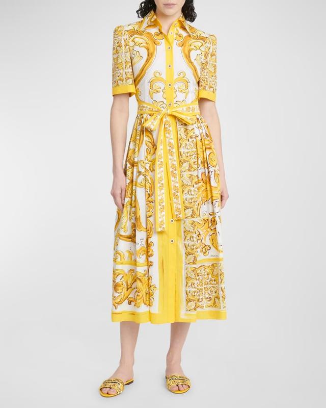 Brocade Print Poplin Midi Shirtdress with Tie Belt Product Image