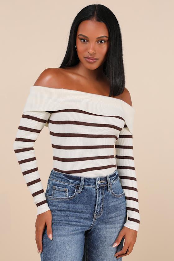 Endearing Appeal Cream Striped Ribbed Knit Off-the-Shoulder Top product image