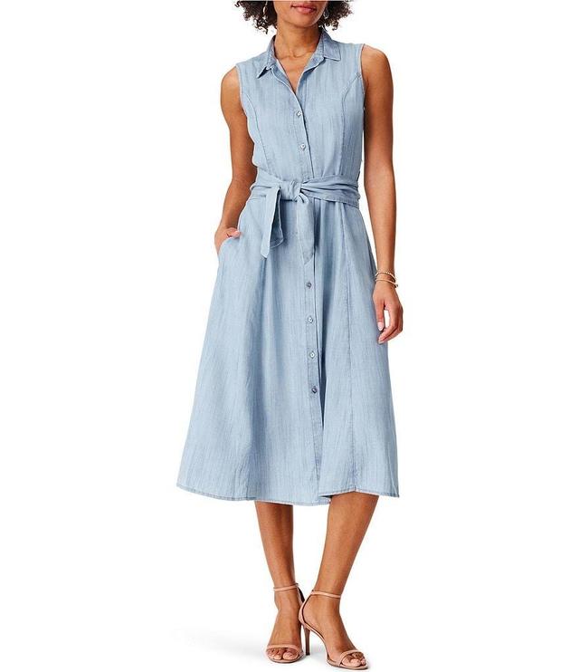 NIC + ZOE Drapey Lightweight Denim Point Collar Sleeveless Belted Midi Shirt Dress Product Image