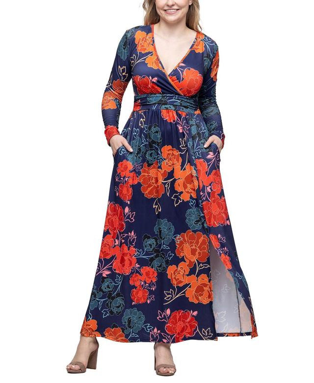 Womens 24Seven Comfort Apparel Floral Print Long Sleeve Side Slit Maxi Dress Blue Team Product Image