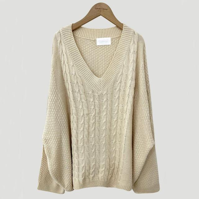 Long Sleeve V-Neck Plain Cable-Knit Loose-Fit Sweater Product Image