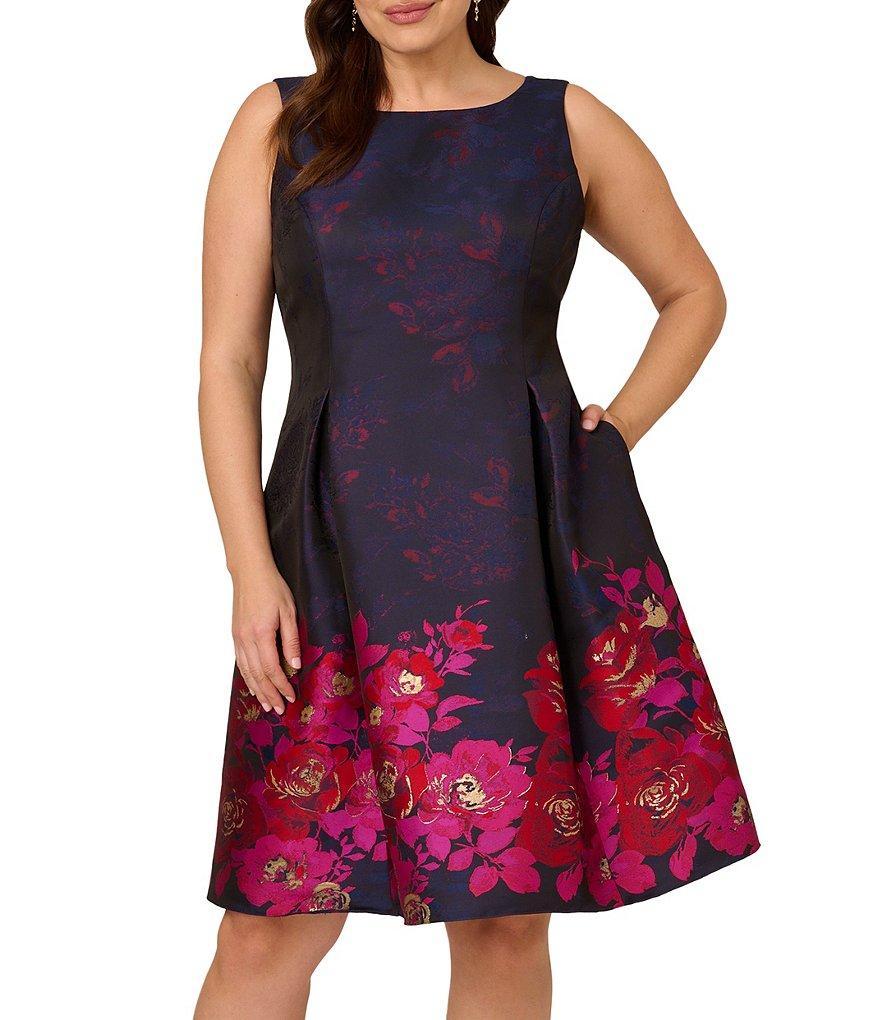 Adrianna Papell Plus Size Sleeveless Boat Neck Metallic Floral Fit and Flare Dress Product Image