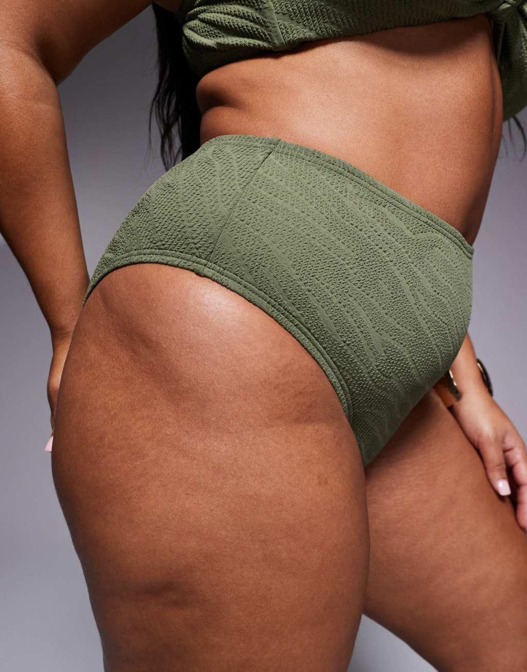 South Beach Curve zebra crinkle high leg high waist bikini bottom in khaki Product Image