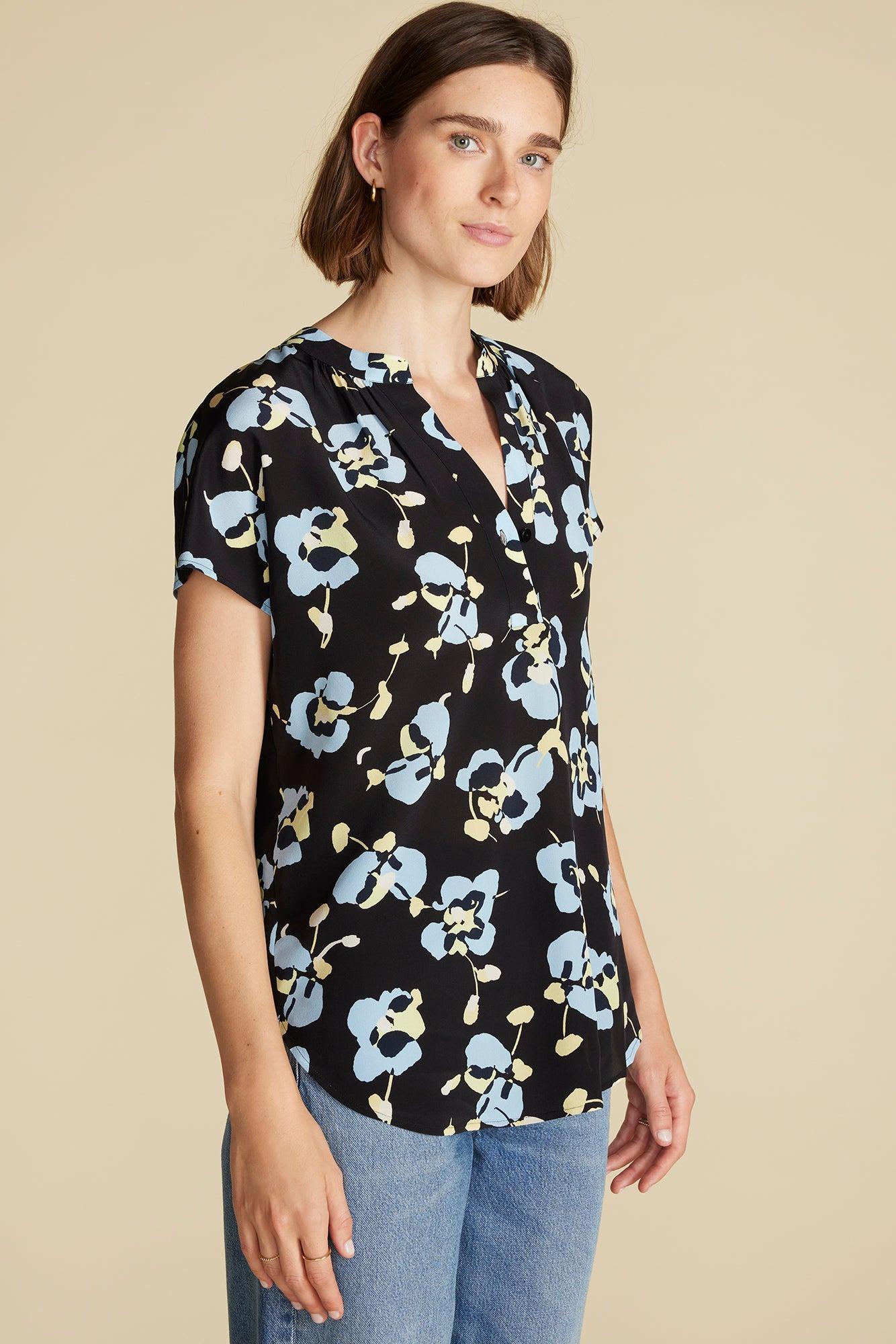 Renata Washable Silk Blouse - Black Pensee Floral Print Product Image