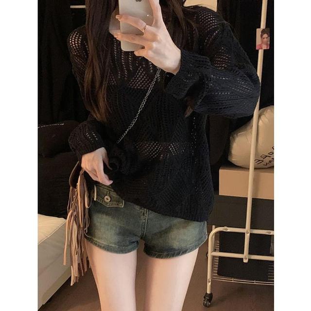 Long-Sleeve Round Neck Plain Pointelle Knit Top Product Image