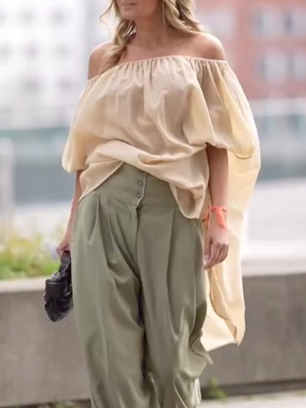 Half Sleeves Loose See-Through Solid Color Off-The-Shoulder Blouses&Shirts Tops Product Image