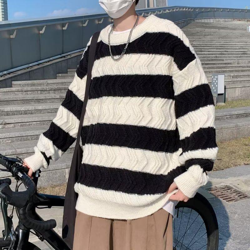 Crew Neck Striped Oversized Sweater Product Image