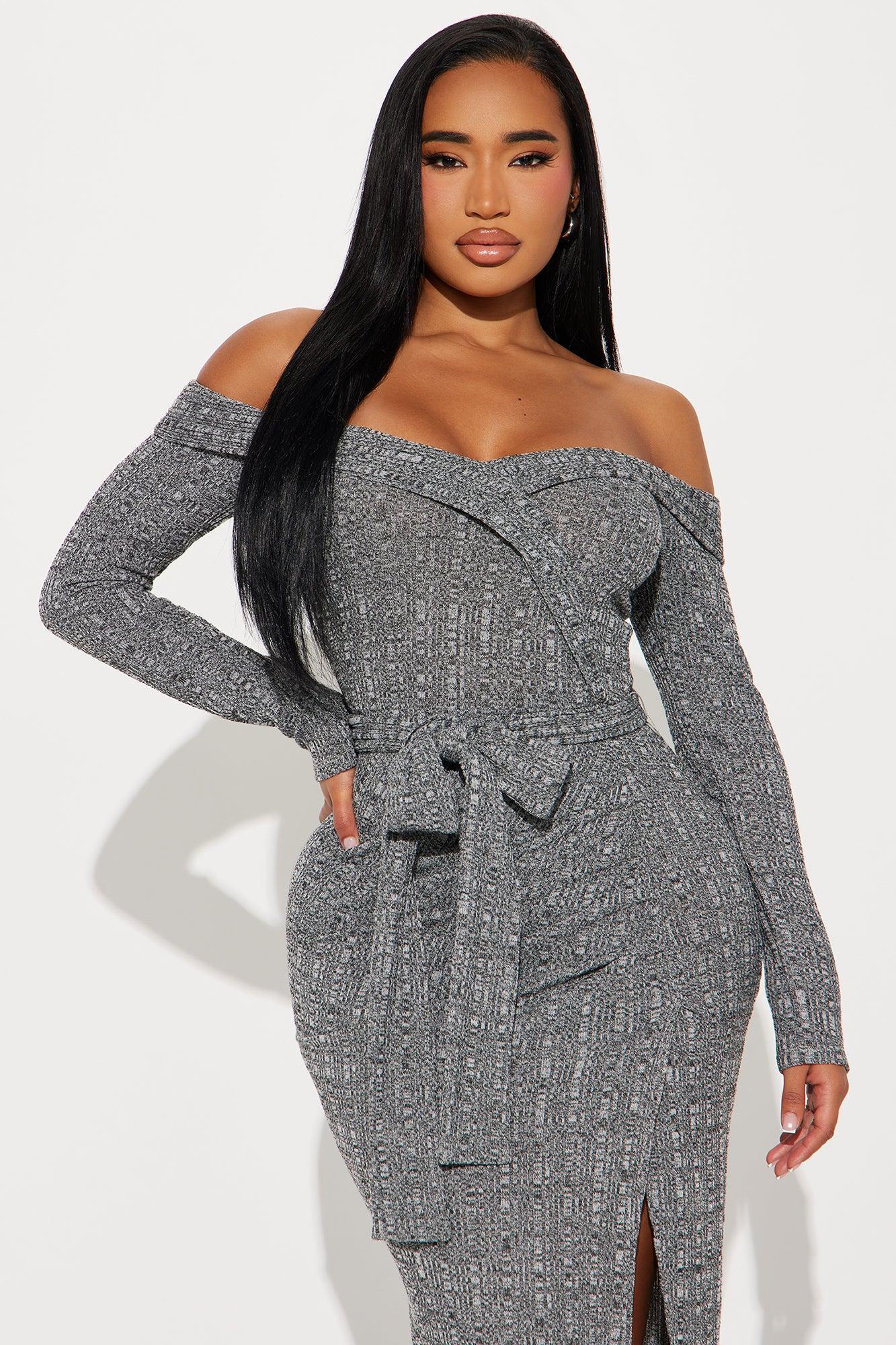 Selene Off Shoulder Sweater Maxi Dress - Heather Grey Product Image