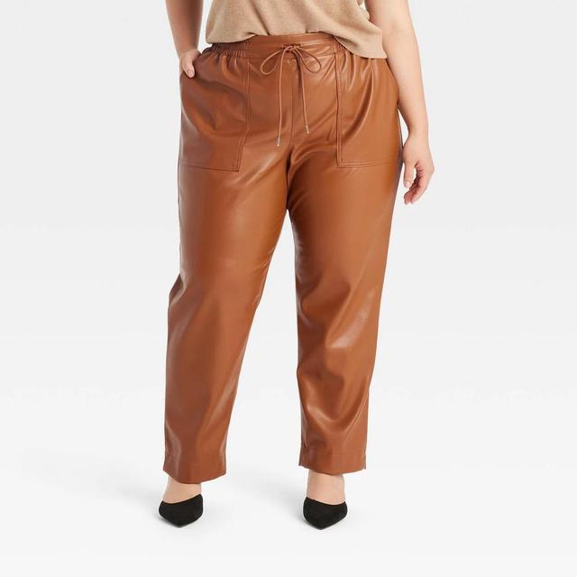 Womens High-Rise Faux Leather Tapered Ankle Pull-On Pants - A New Day Tan 1X Product Image