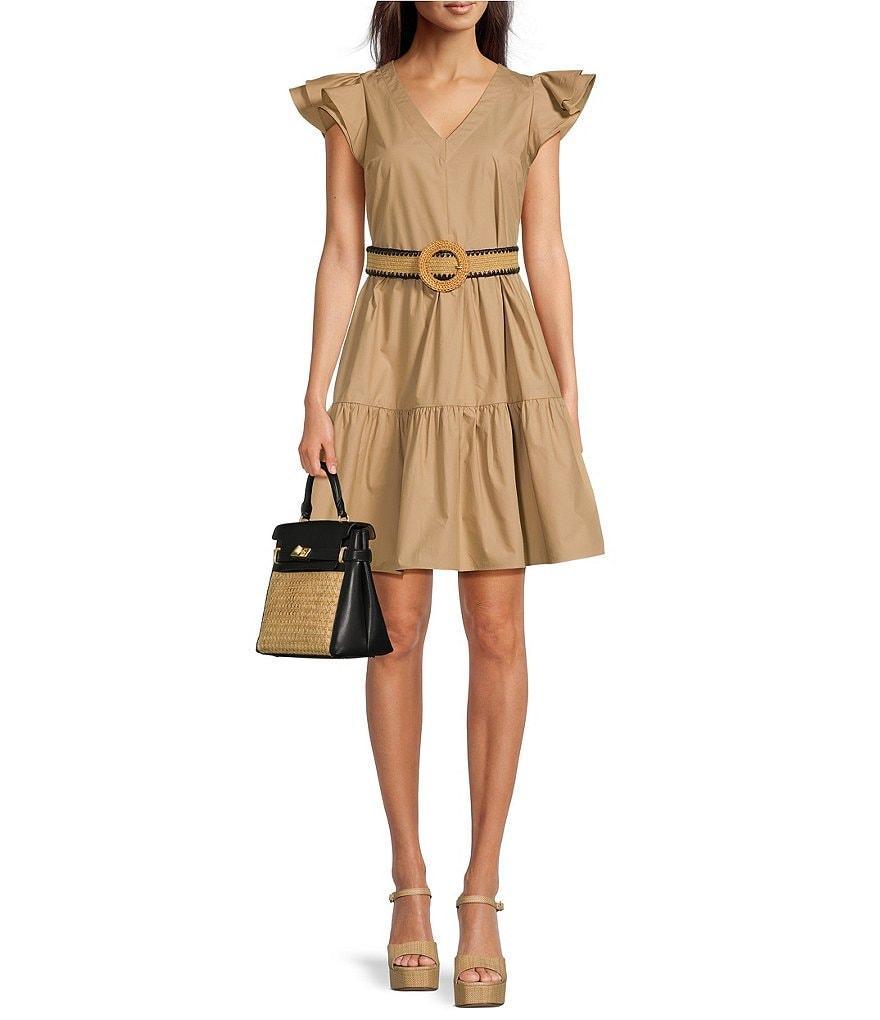 Gibson & Latimer Cap Flutter Sleeve V-Neck Belted Tiered A-Line Mini Dress Product Image