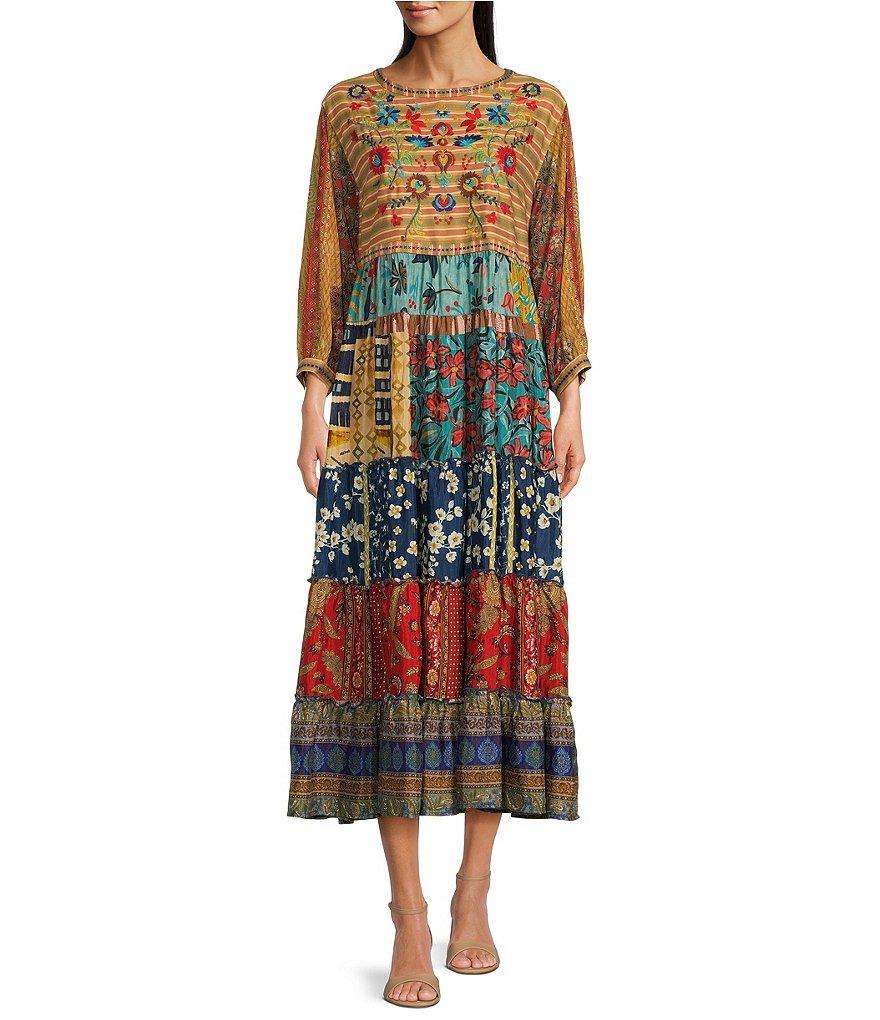 John Mark Woven Mix Print Embroidered Scoop Neck 3/4 Sleeve Dress Product Image