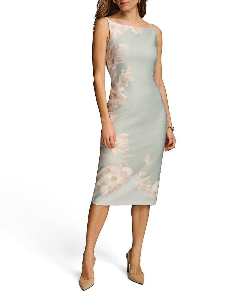 Donna Karan Sleeveless Boat Neck Floral Scuba Midi Sheath Dress Product Image