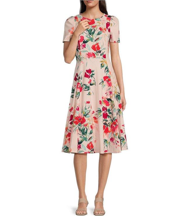 Calvin Klein Scuba Crepe Short Sleeve Crew Neck Floral Fit and Flare Dress Product Image