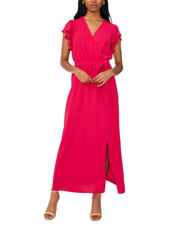 Msk Womens V-Neck Flutter-Sleeve Belted Maxi Dress Product Image