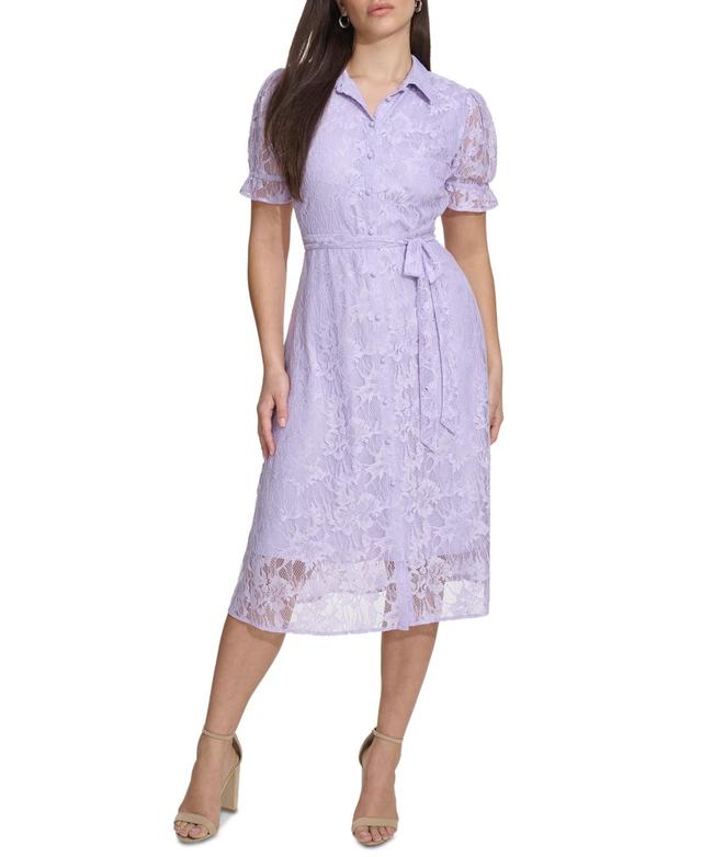 kensie Womens Floral Lace Tie-Waist Shirtdress Product Image