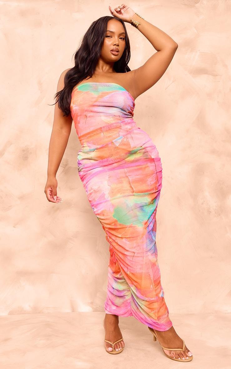 Plus Multi Printed Mesh Bandeau Ruched Maxi Dress Product Image