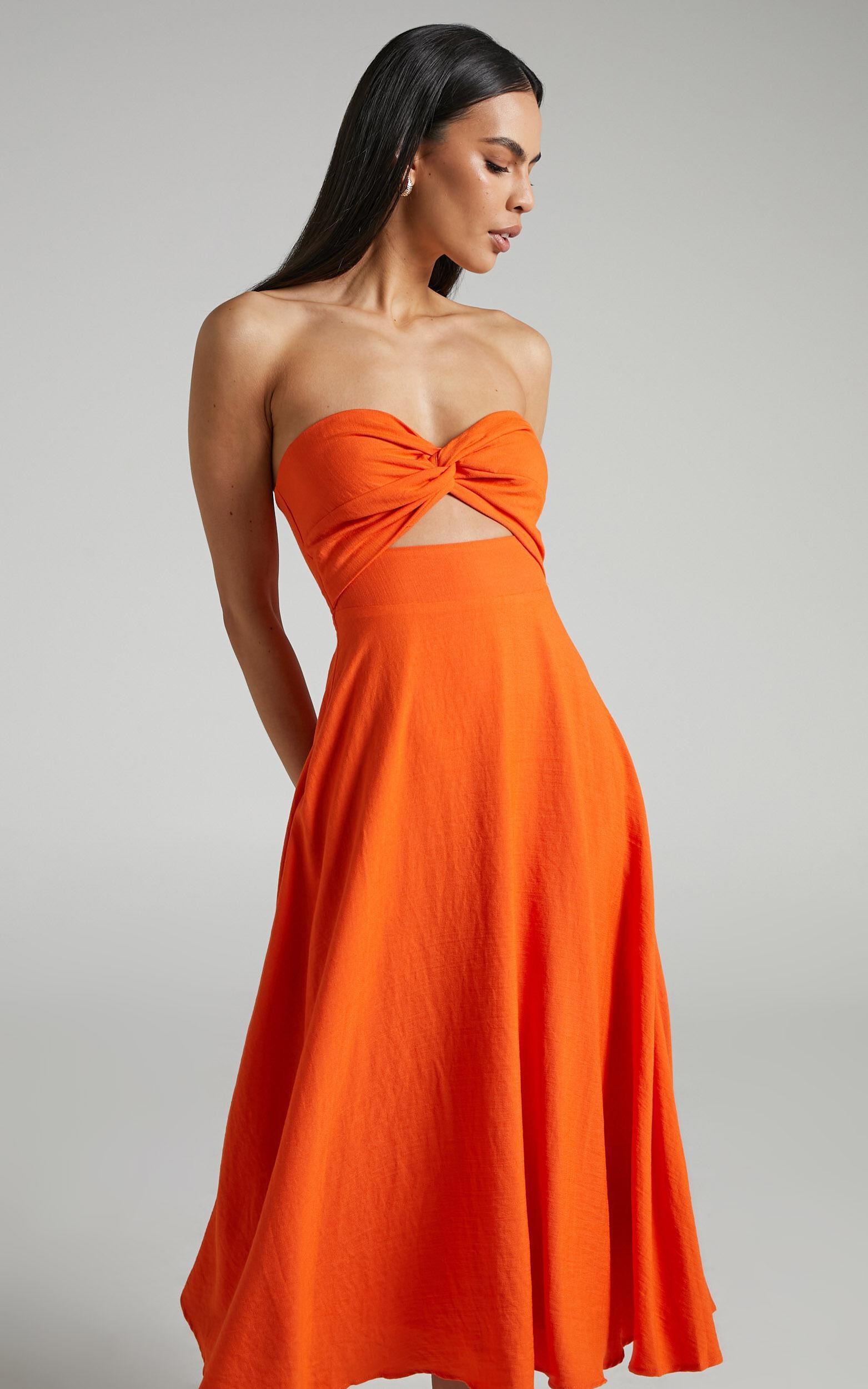 Avie Midi Dress - Twist Strapless Cocktail Dress in Orange Product Image