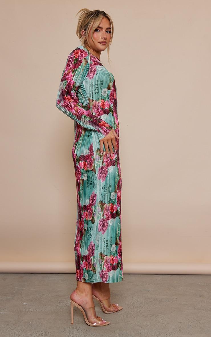 Pink Rose Print Plisse Long Sleeve Split Detail Midi Dress Product Image