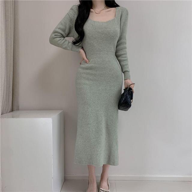 Long-Sleeve Square-Neck Plain Ribbed Midi Knit Dress Product Image