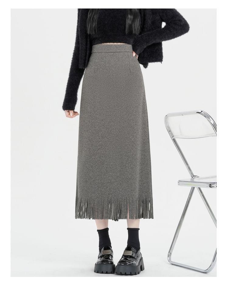 High Rise Plain Fringed Midi A-Line Skirt Product Image