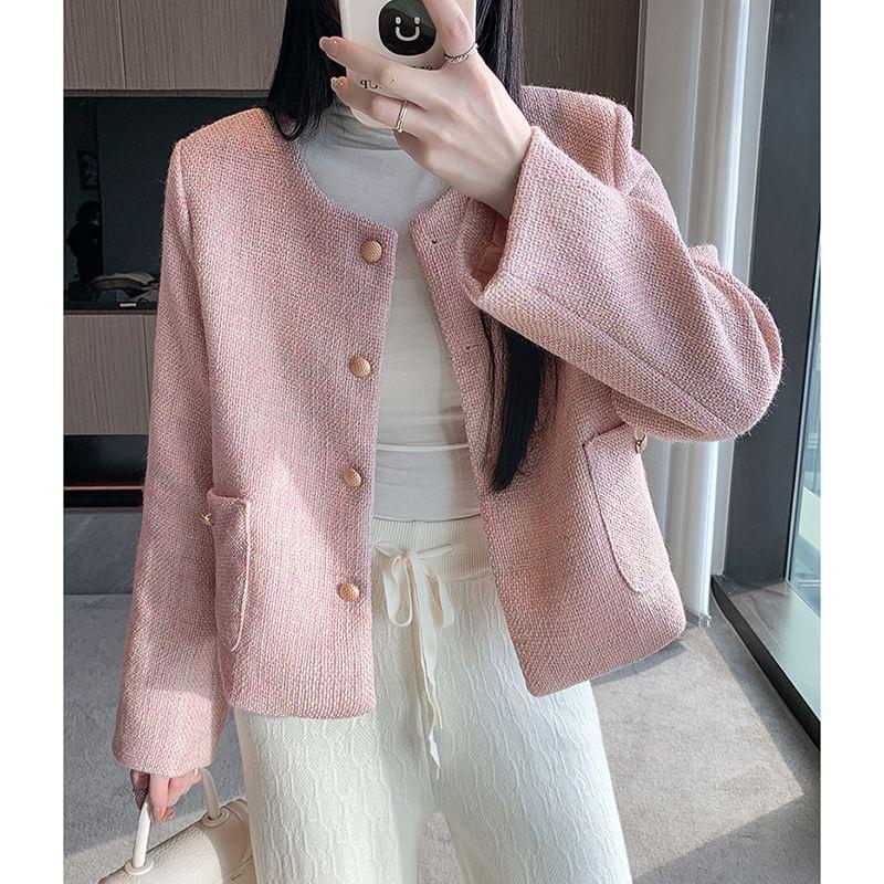 Round Neck Tweed Button Cropped Jacket Product Image