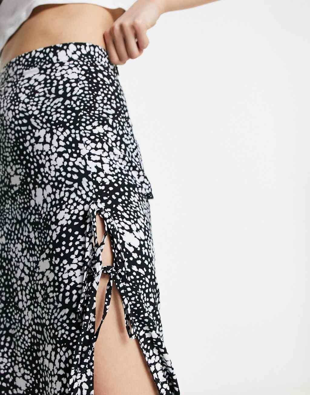 ASOS DESIGN bow detail midi skirt with thigh split in mono smudge print Product Image