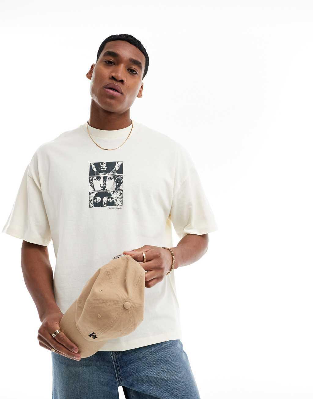 Selected Homme oversized T-shirt with statue chest print in cream Product Image