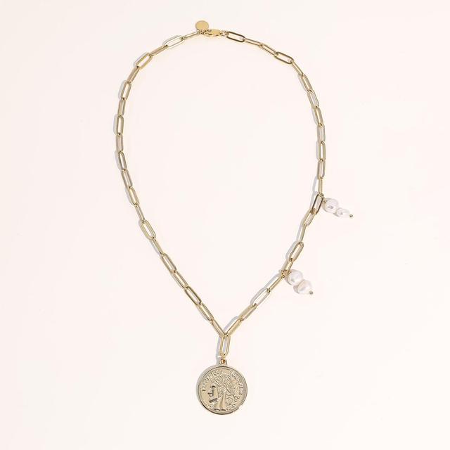 18K Gold Plated Freshwater Pearls with a Coin Pendant - Connie Necklace 17 For Women Product Image