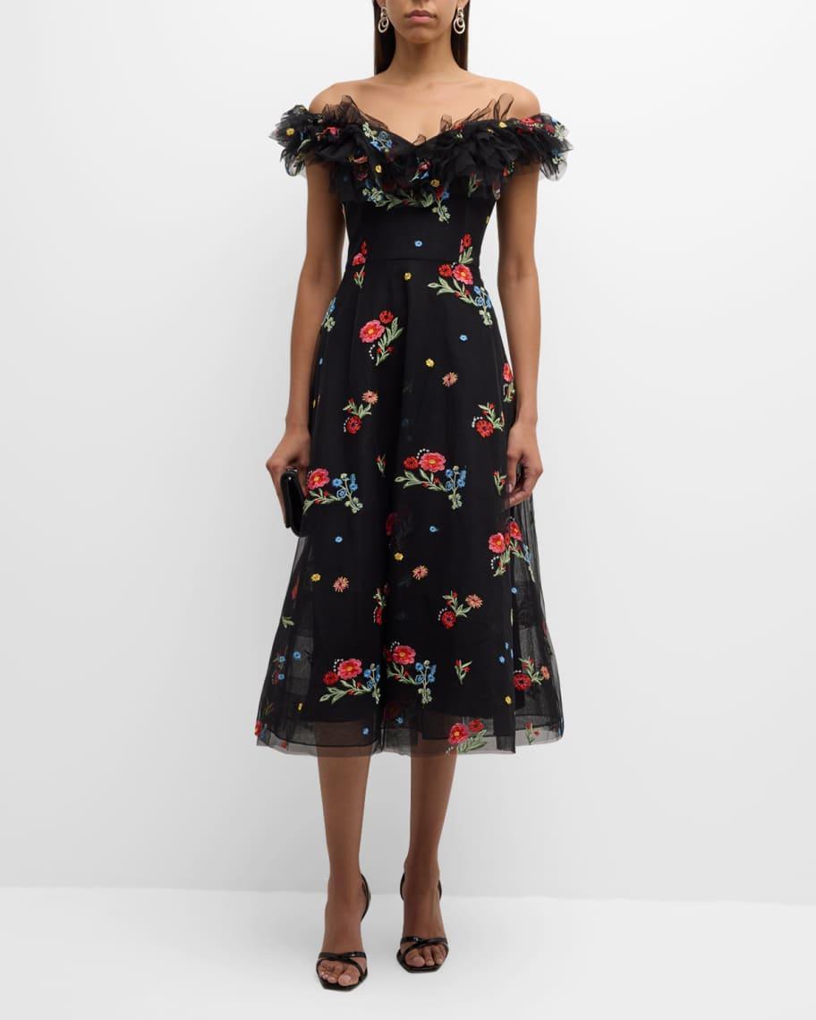 Floral-Embroidered Off-Shoulder Midi Dress Product Image