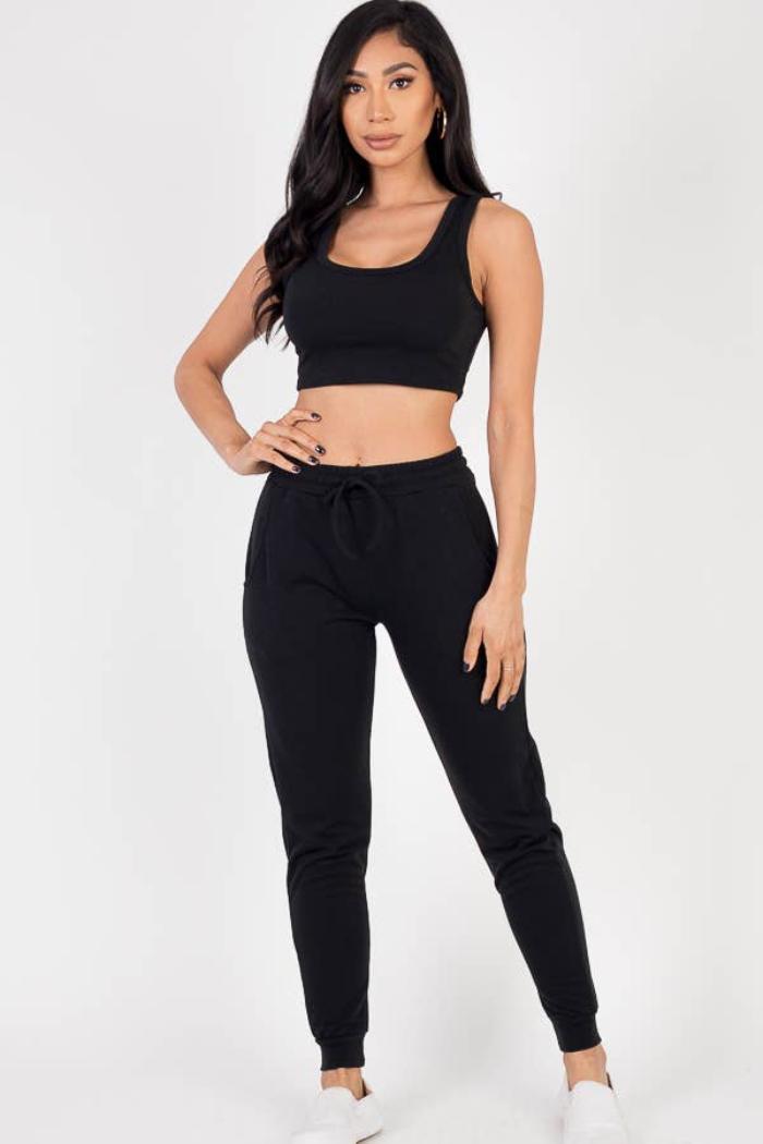 French Terry Cropped Tank Top & Joggers Set Product Image