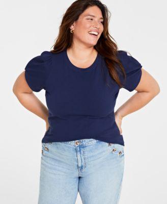 Trendy Plus Size Knot-Detail Puff-Sleeve Top, Created for Macy's Product Image