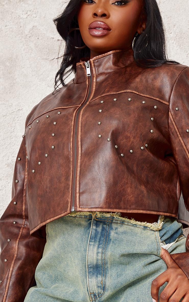 Plus Brown Faux Leather Studded Cropped Jacket Product Image