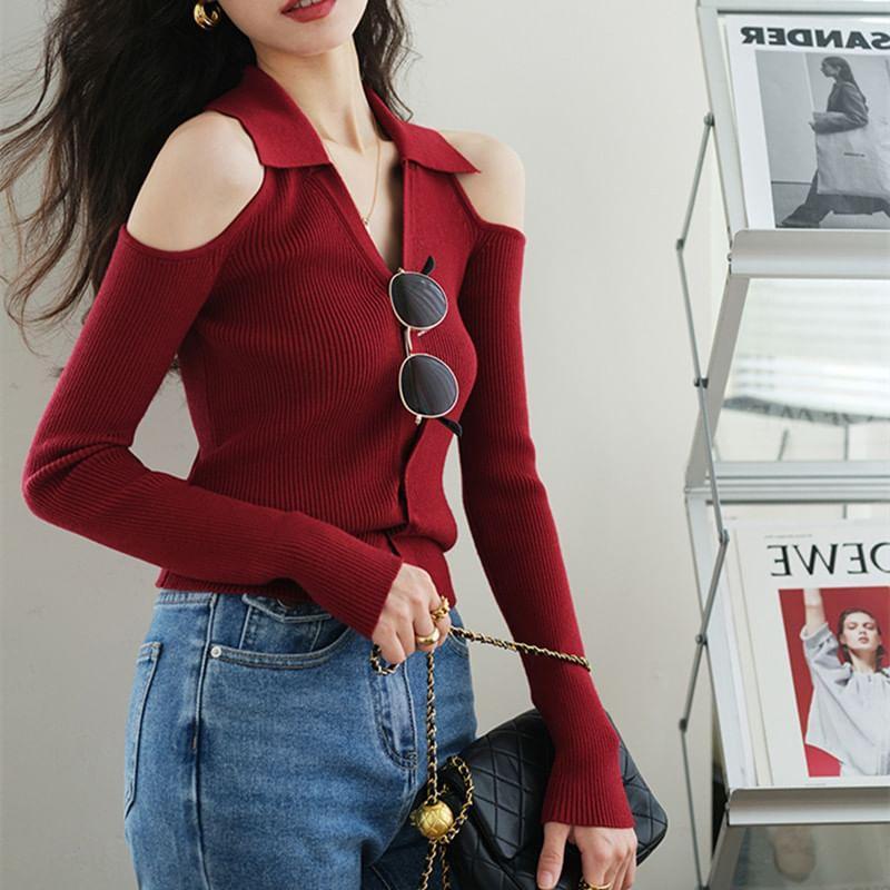 Cold-Shoulder Long Sleeve Plain Ribbed Collared Button-Up Knit Top Product Image