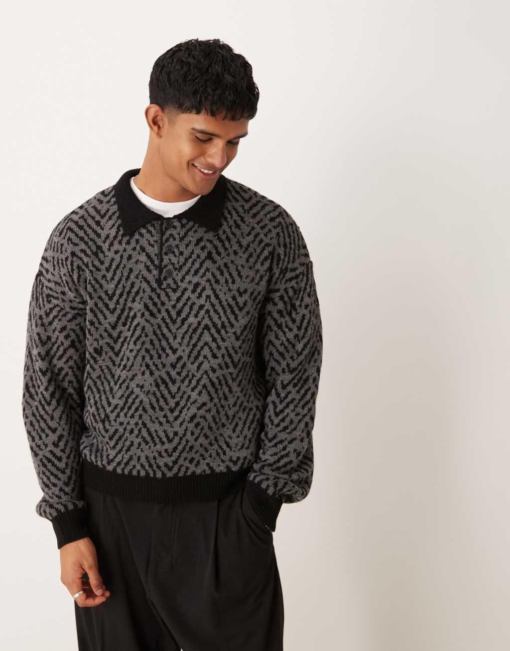 ASOS DESIGN relaxed boxy fit polo neck knit sweater with rib pattern in charcoal gray Product Image