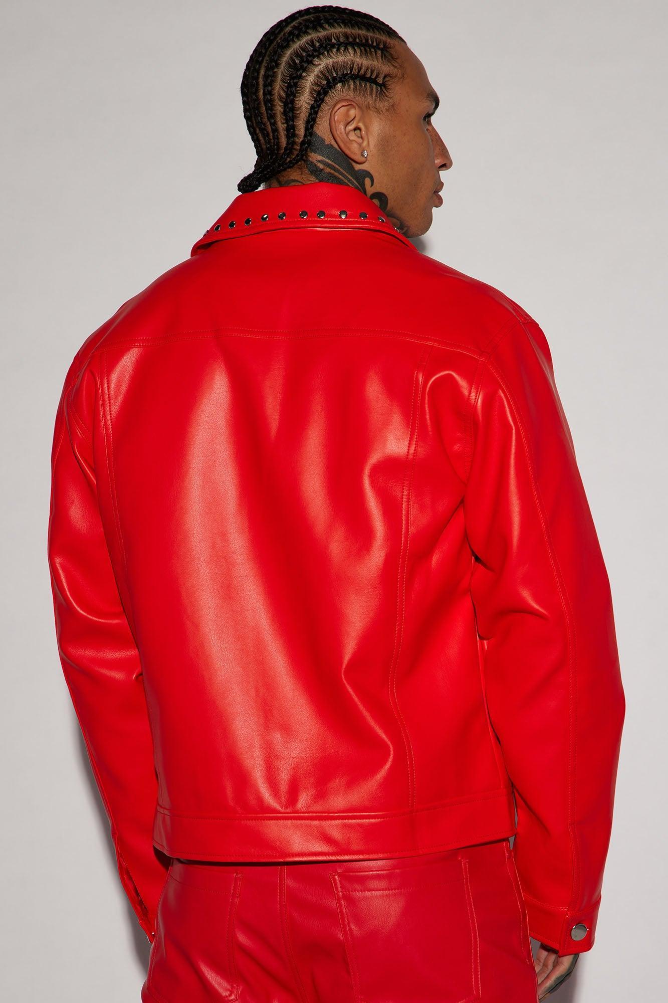 Faux Leather Studded Collar Trucker Jacket - Red Product Image