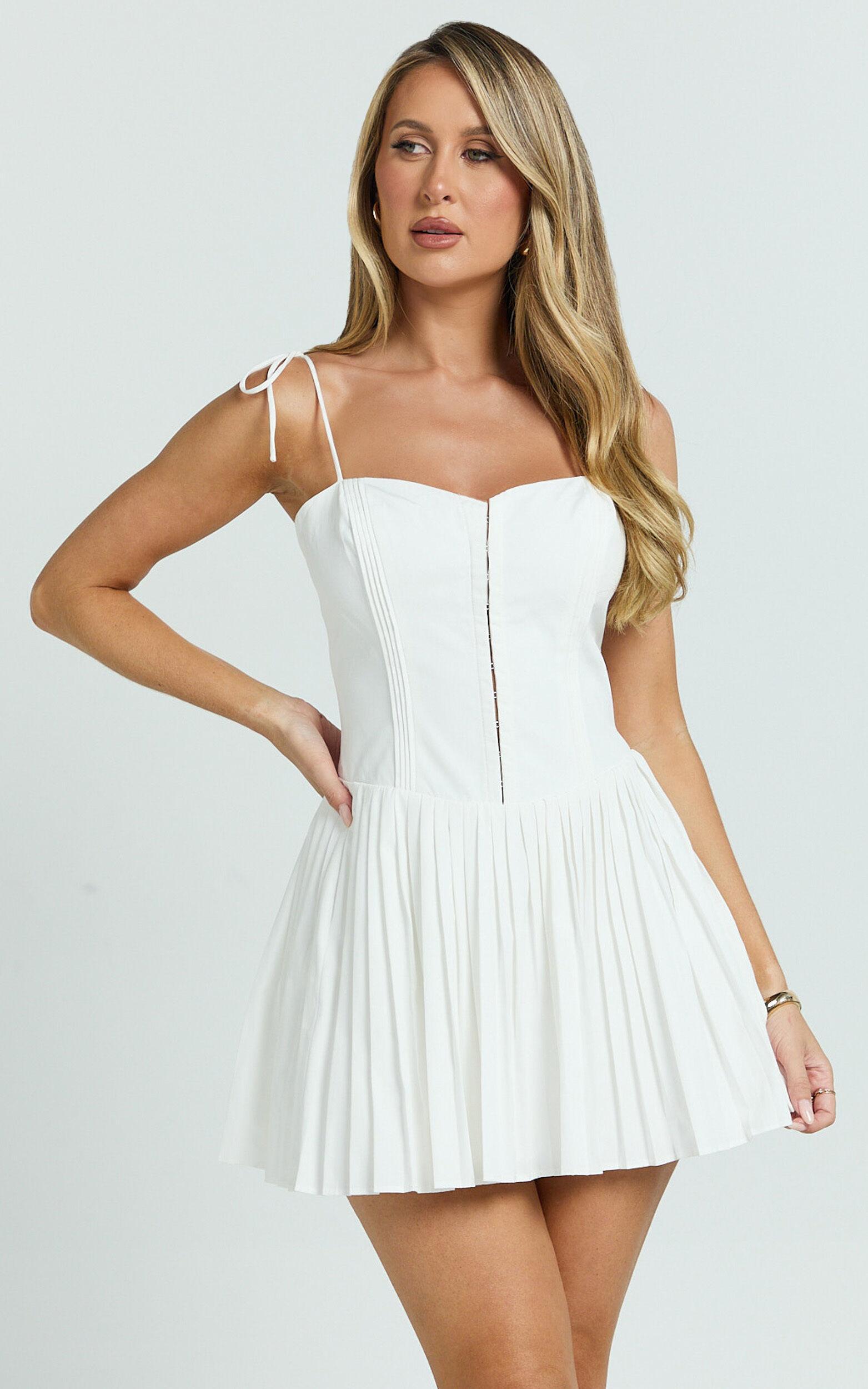 Nicolette Mini Dress - Square Neck Strappy Tie Shoulder Drop Waist Pleated Skirt Dress in Off White Product Image