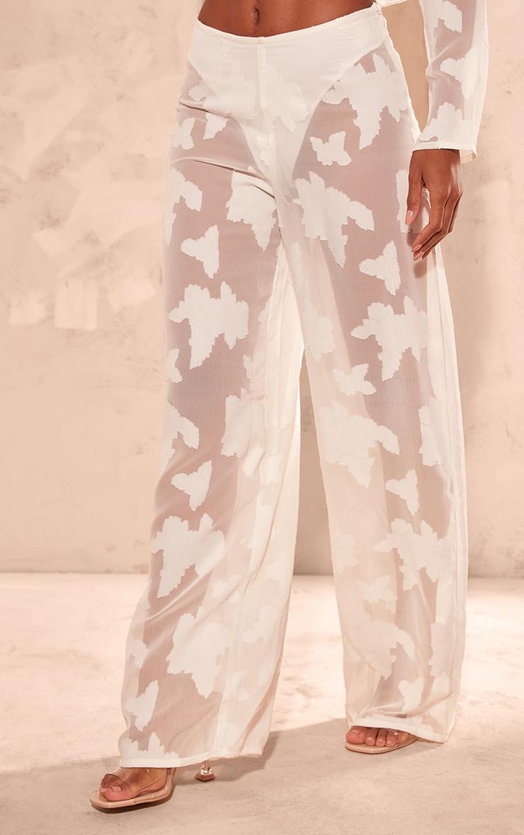 Cream Sheer Woven Floral Devore Wide Leg Pants Product Image